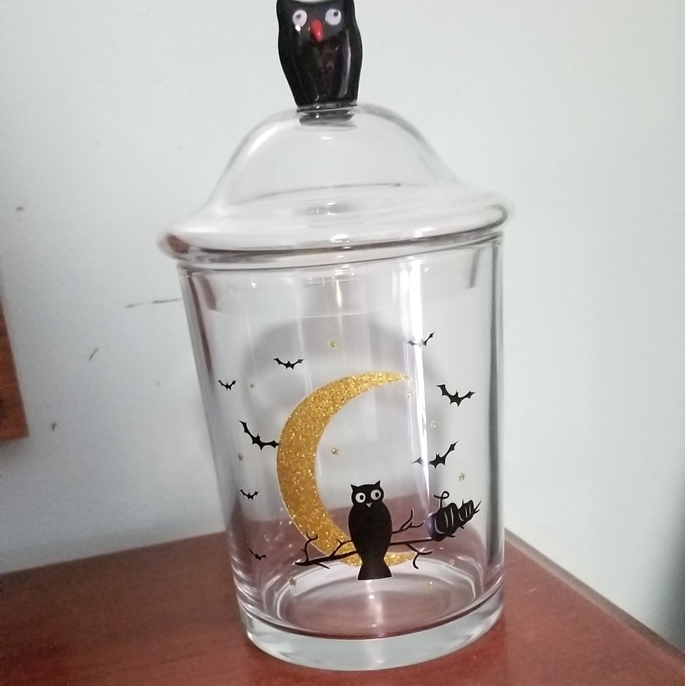 clear glass candy jar lid tealight holder canister happy Halloween moon owl bats - Picture 2 of 7